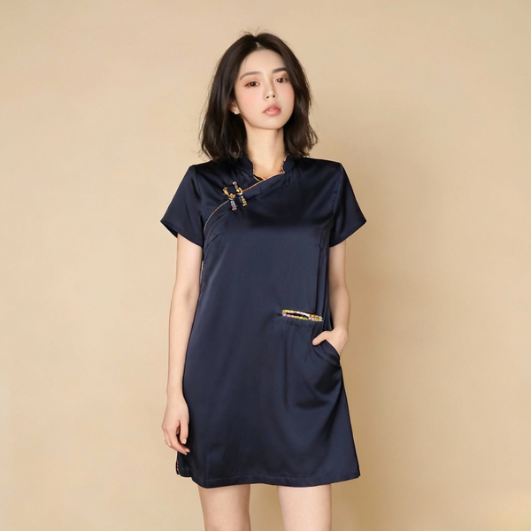 Satin Short Sleeve Qipao Dress, Navy