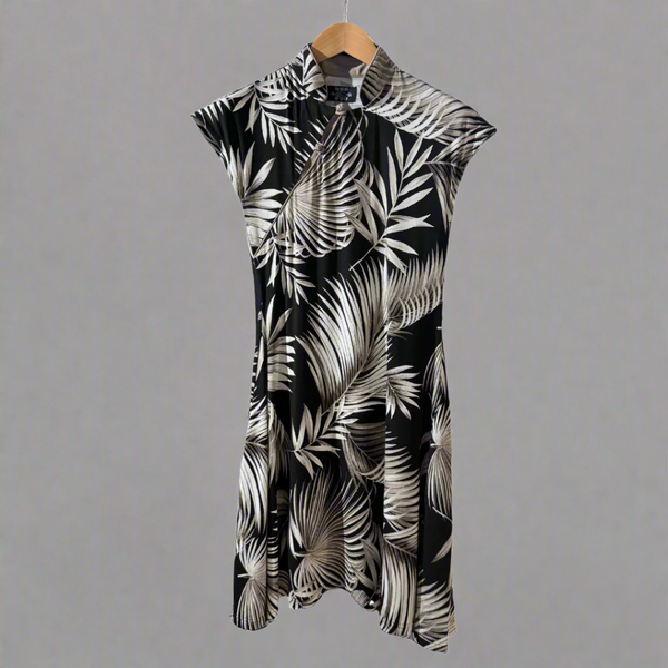 Black Ecru Leaves Qipao Dress