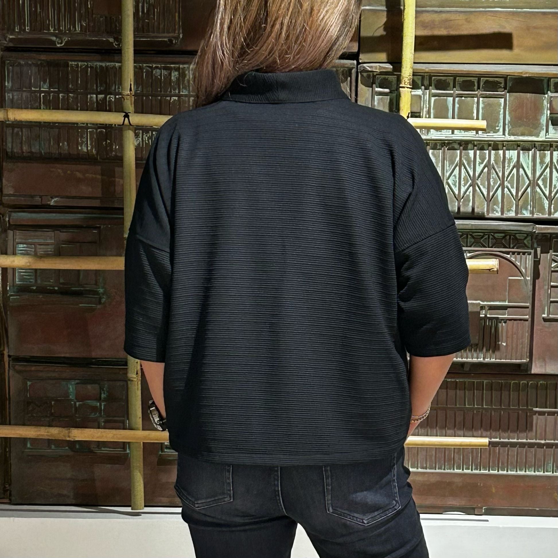 Black Textured Knot Button Kimono