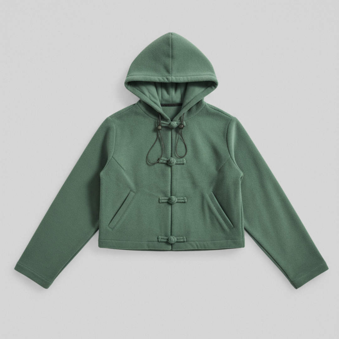 Woman Knot Button Cropped Hoodie, Green