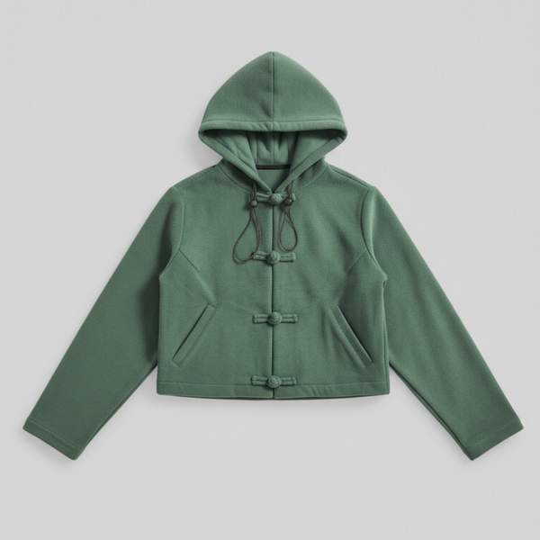Woman Knot Button Cropped Hoodie, Green