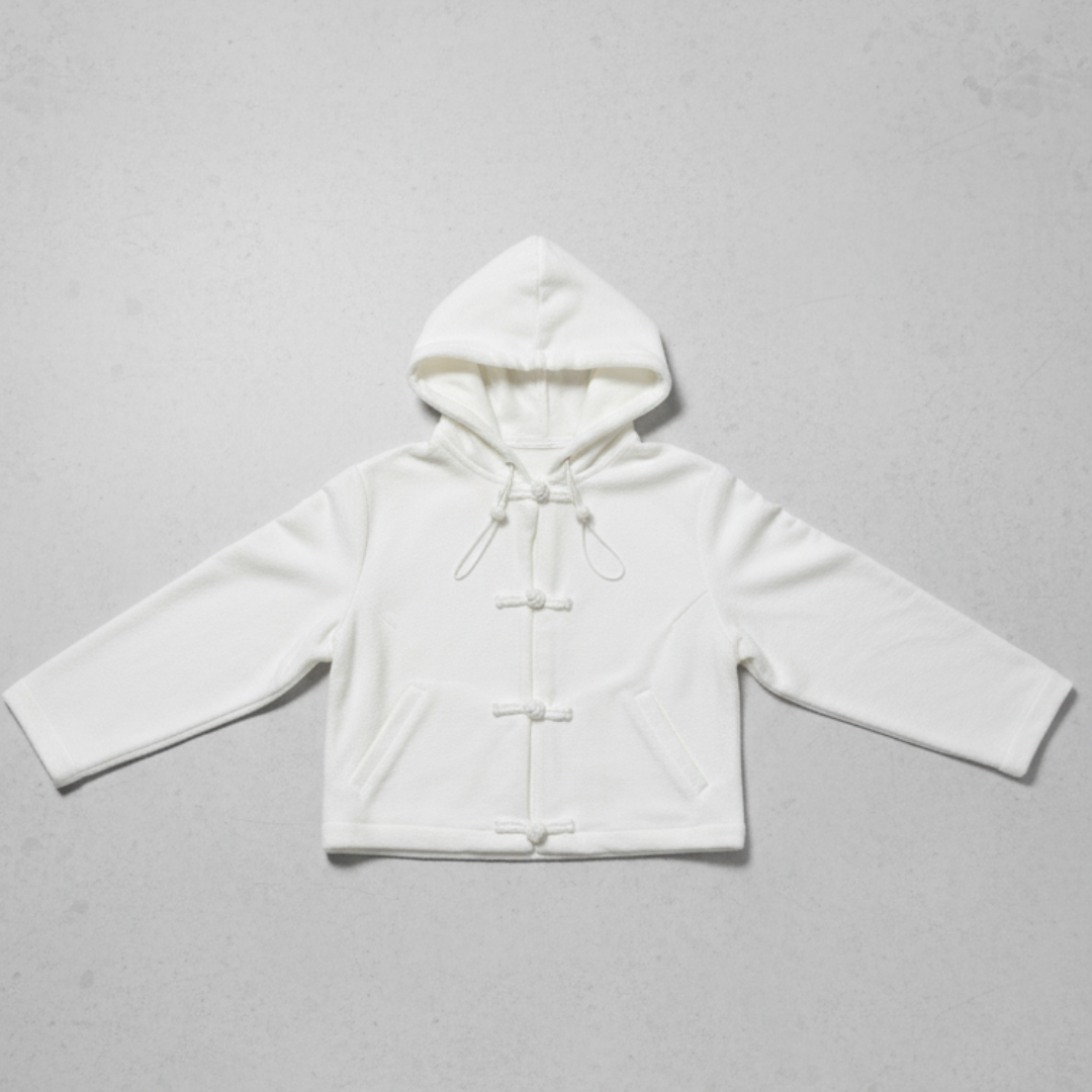 Woman Knot Button Cropped Hoodie, White