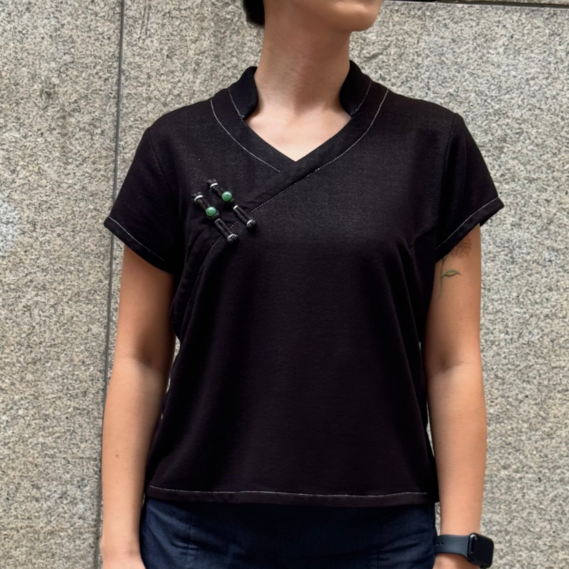 Faux Denim Qipolo Top, Black