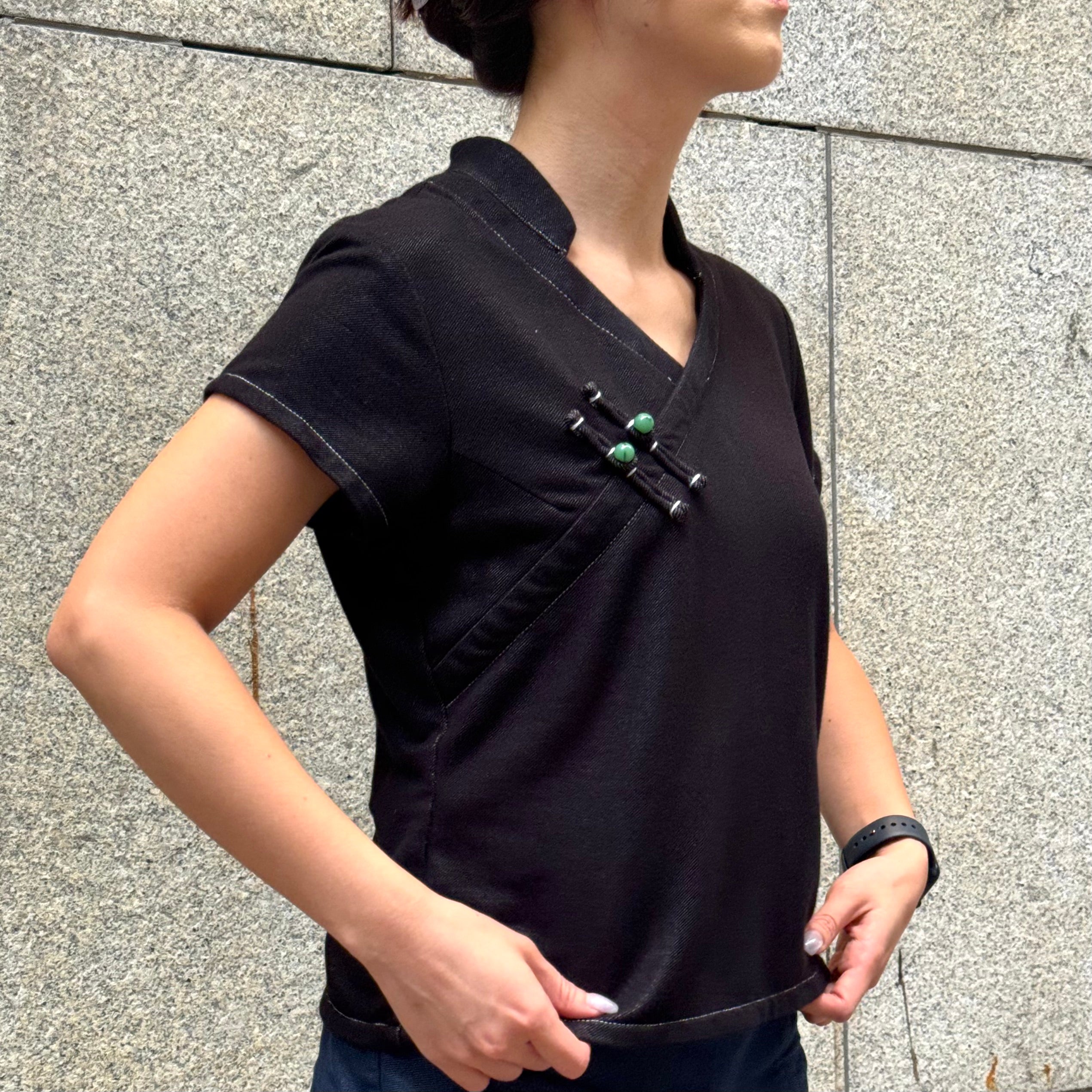 Faux Denim Qipolo Top, Black