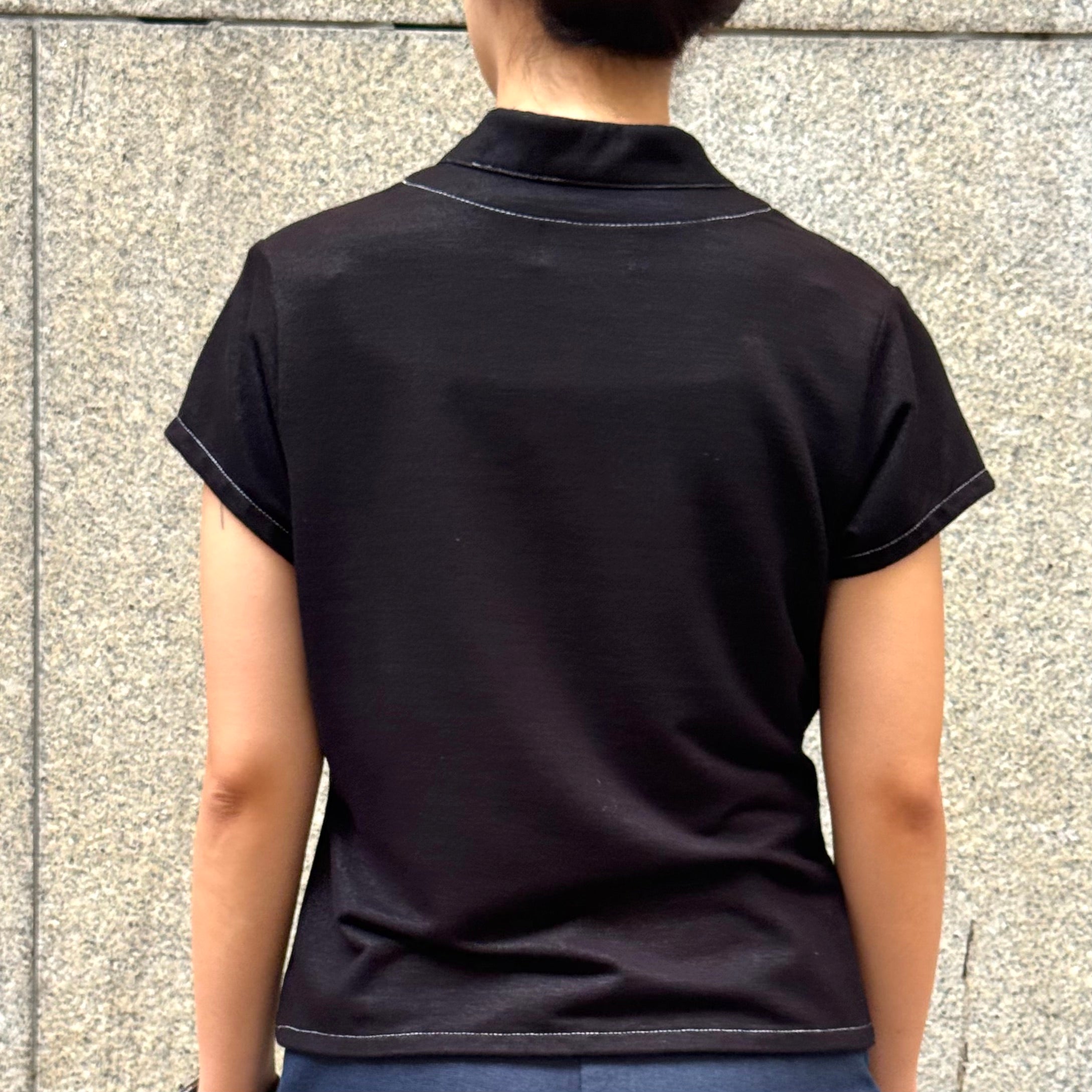 Faux Denim Qipolo Top, Black