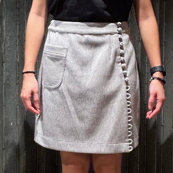 Knot Button Skirt with Patch Pocket, Grey
