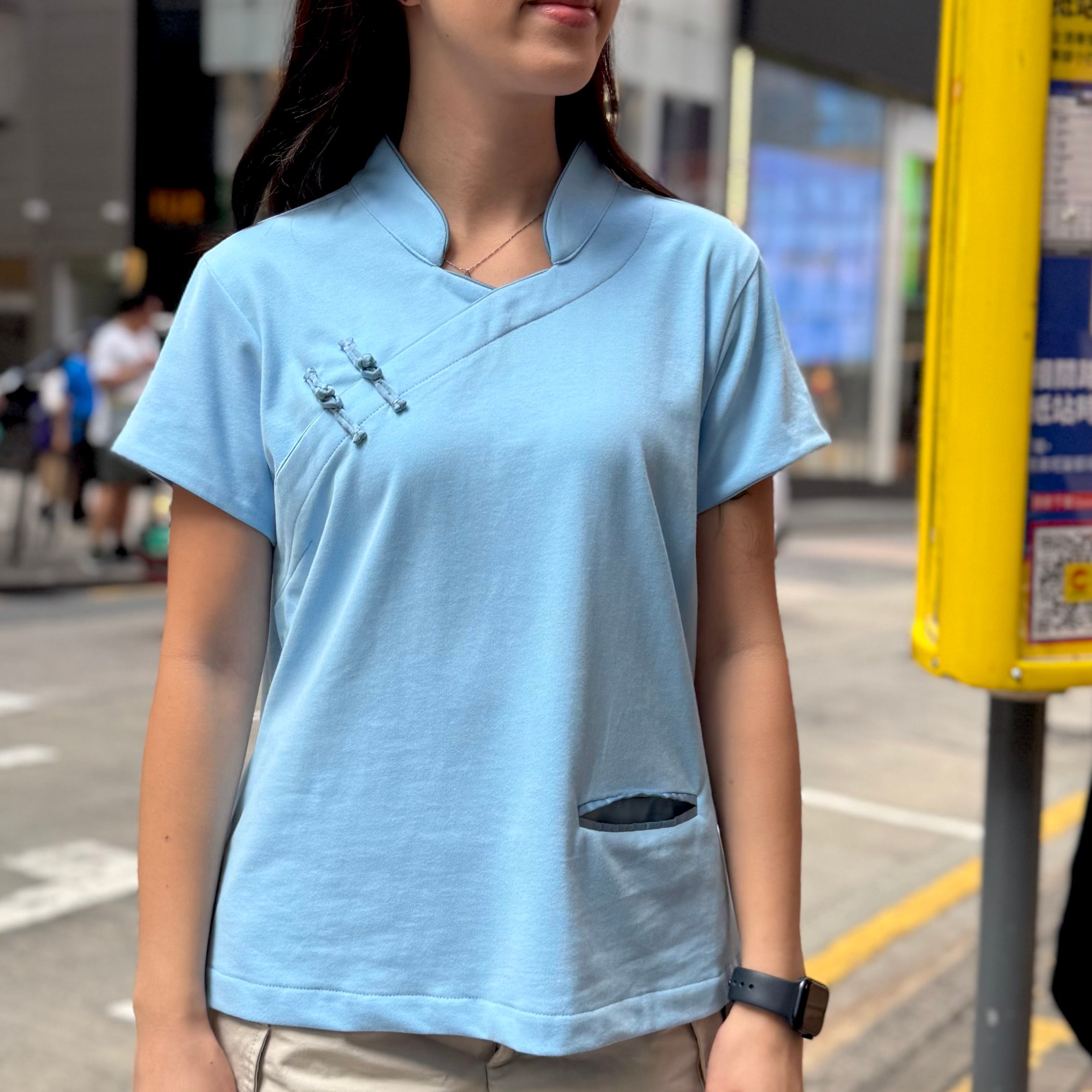 Cotton Qipolo Top with Jet Pocket, Light Blue