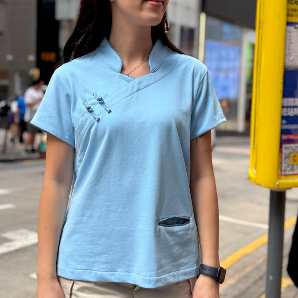 Cotton Qipolo Top with Jet Pocket, Light Blue