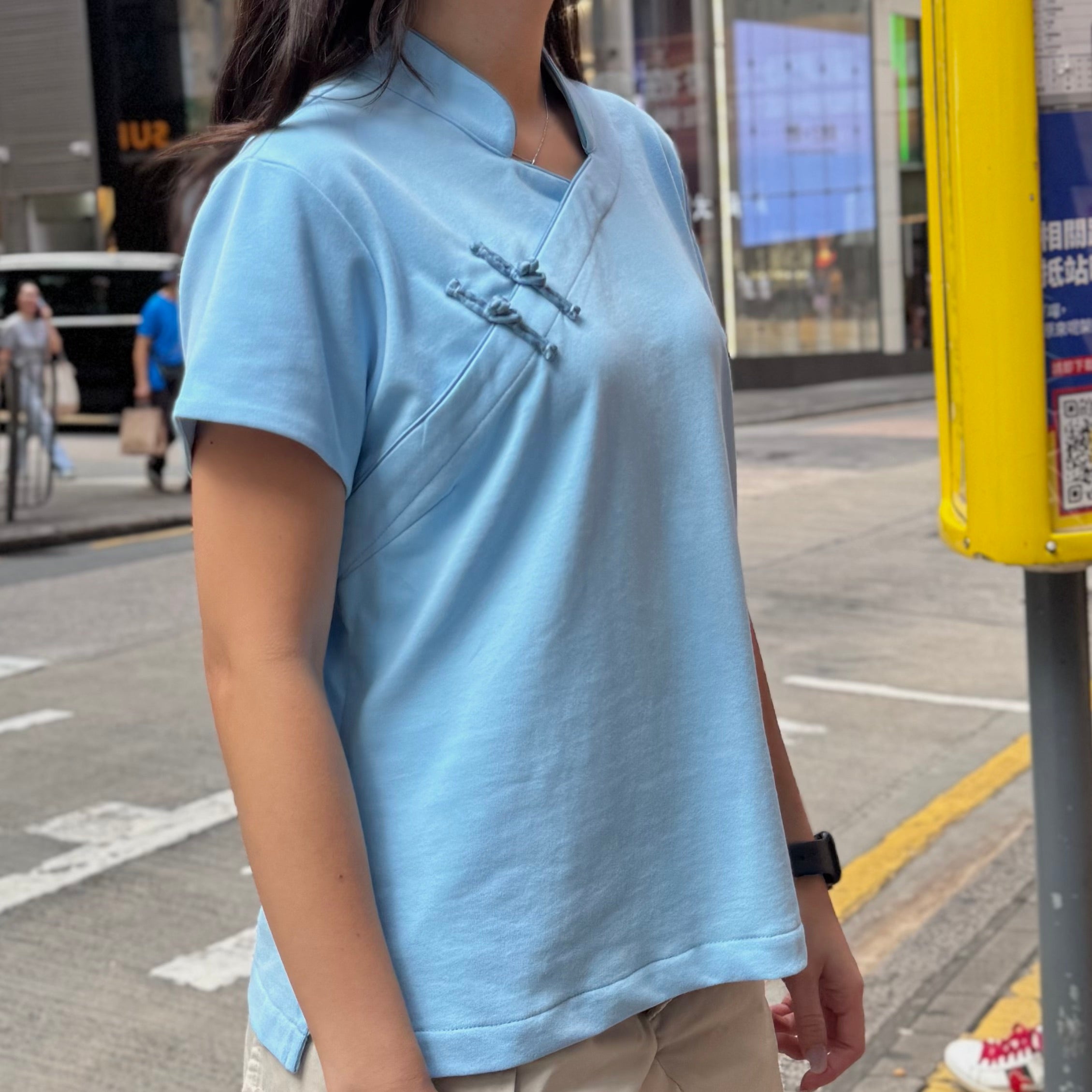 Cotton Qipolo Top with Jet Pocket, Light Blue