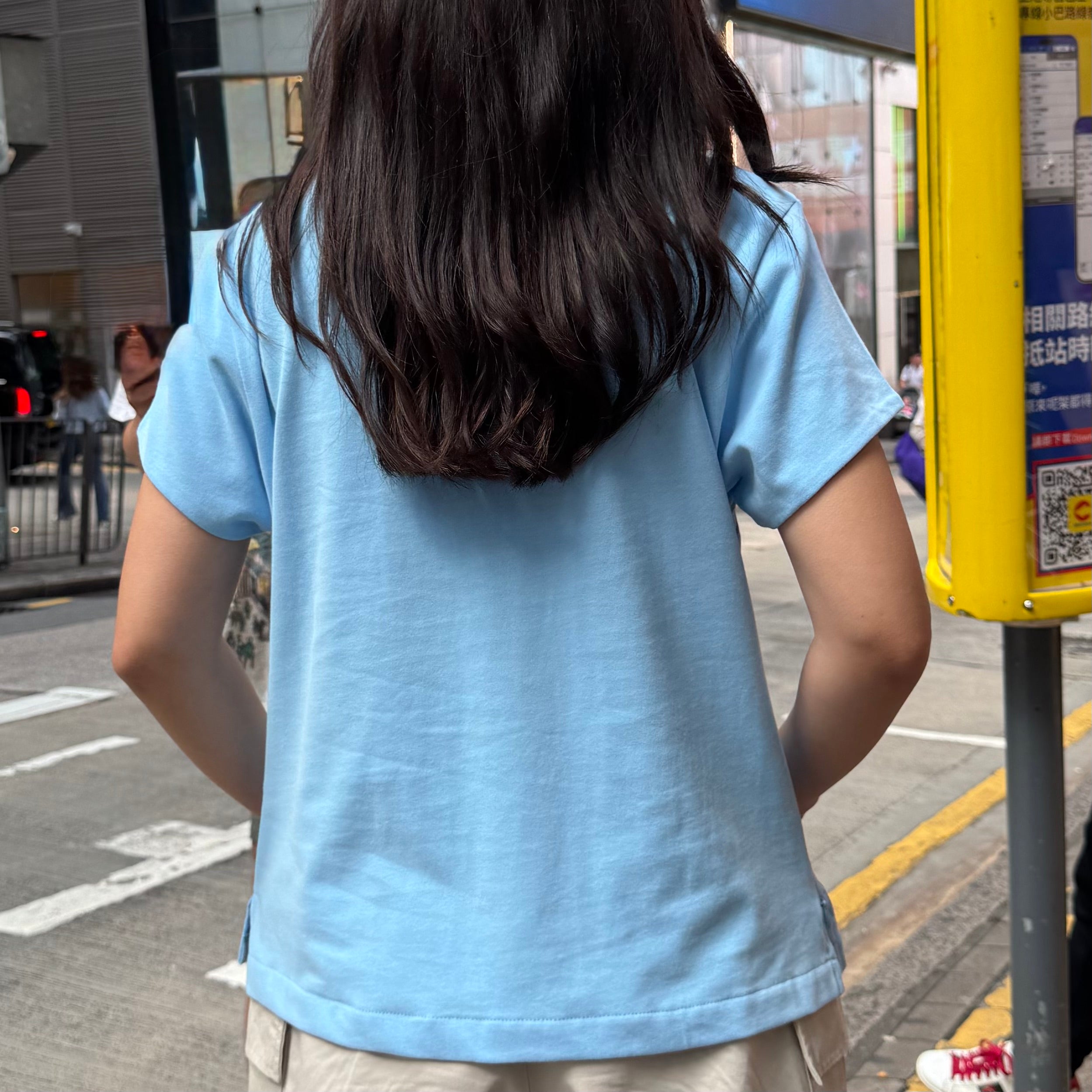 Cotton Qipolo Top with Jet Pocket, Light Blue