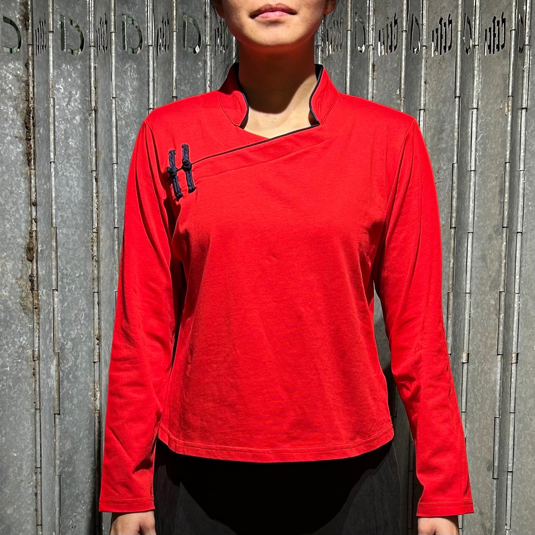 Long Sleeve Qipolo Top, Red