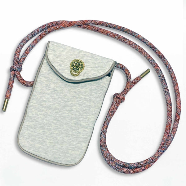Lion Knocker Phone Pouch, Heather Grey with Multi Colour Strap