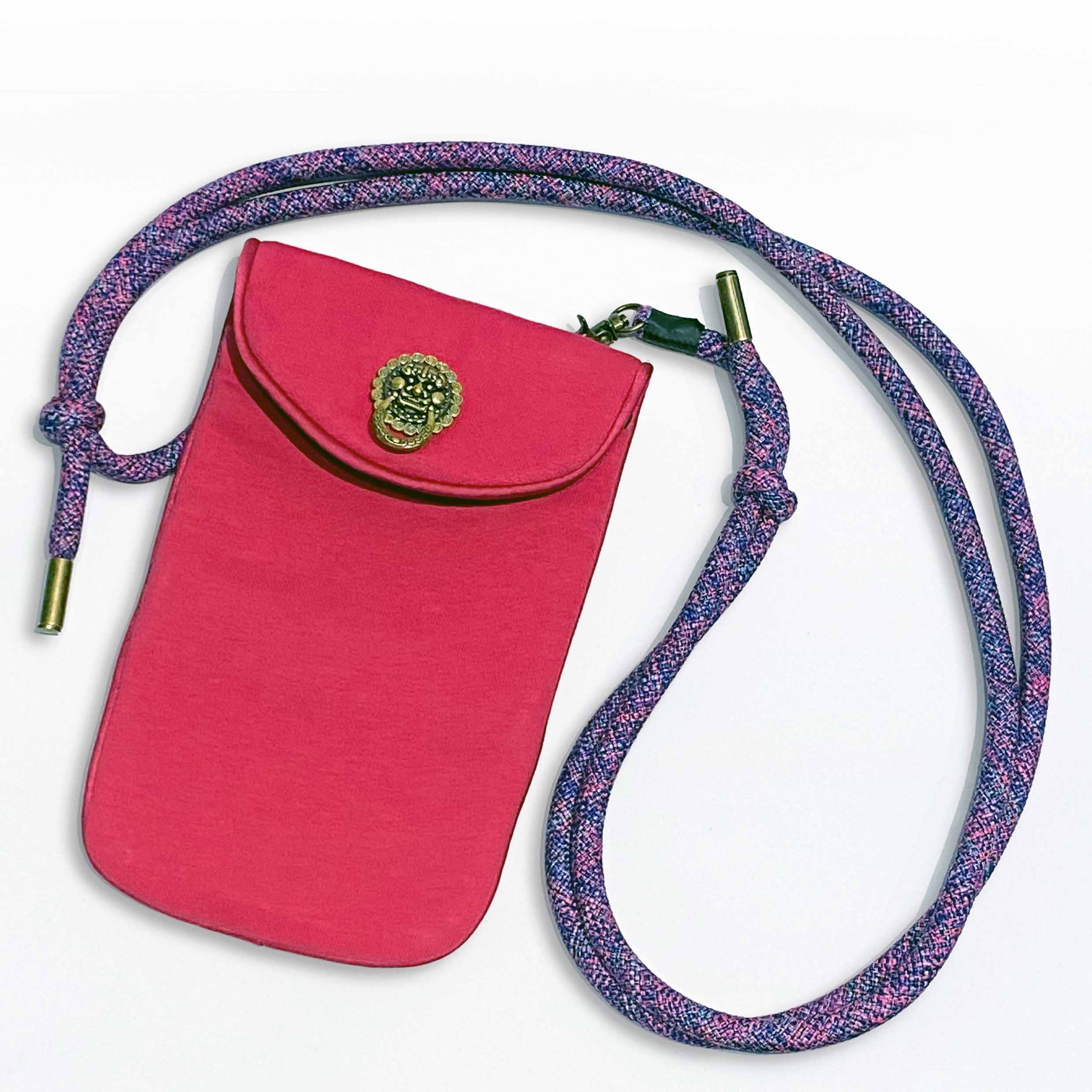 Lion Knocker Phone Pouch, Fuchsia with Multi Colour Strap