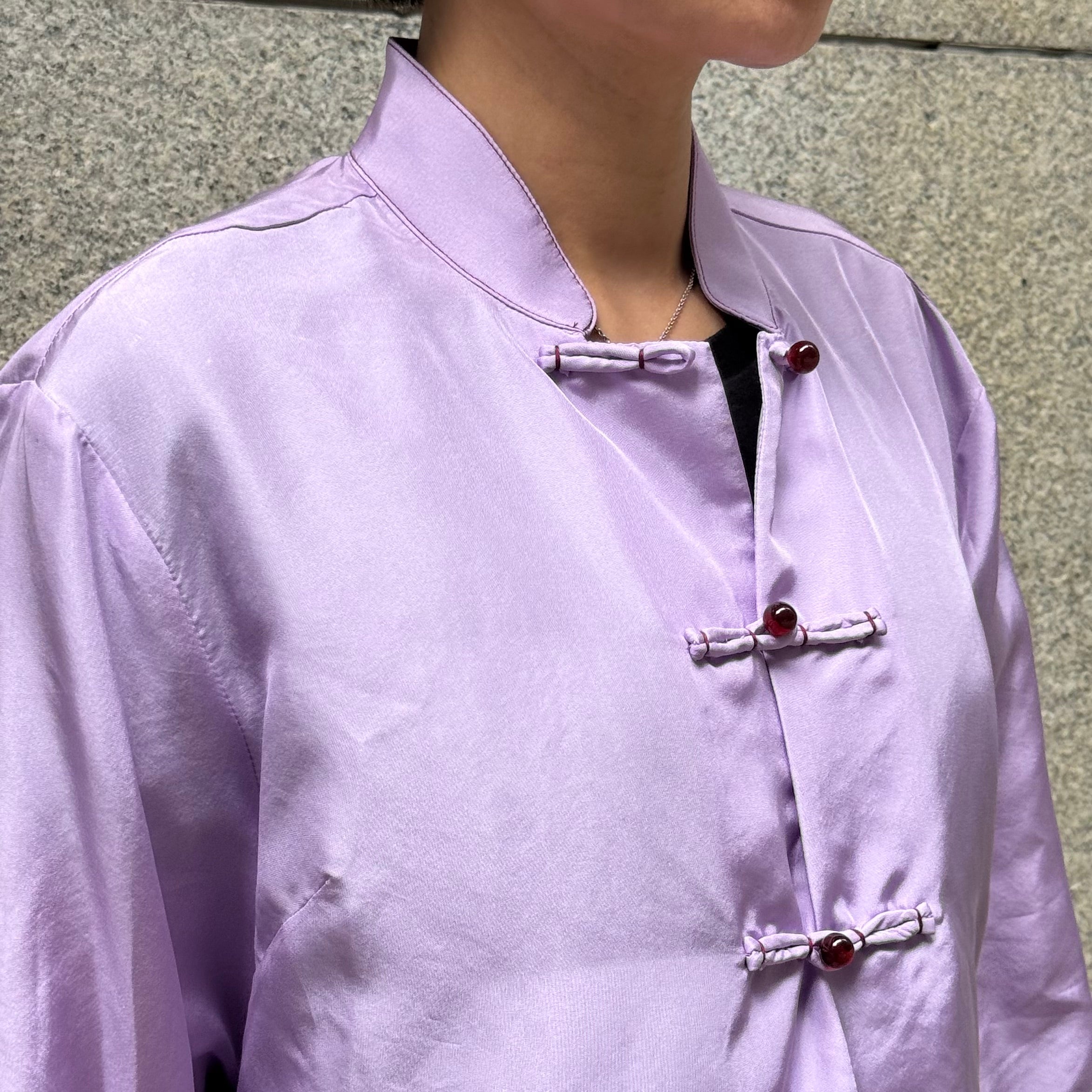 Silk Cropped Knot Button Jacket, Purple