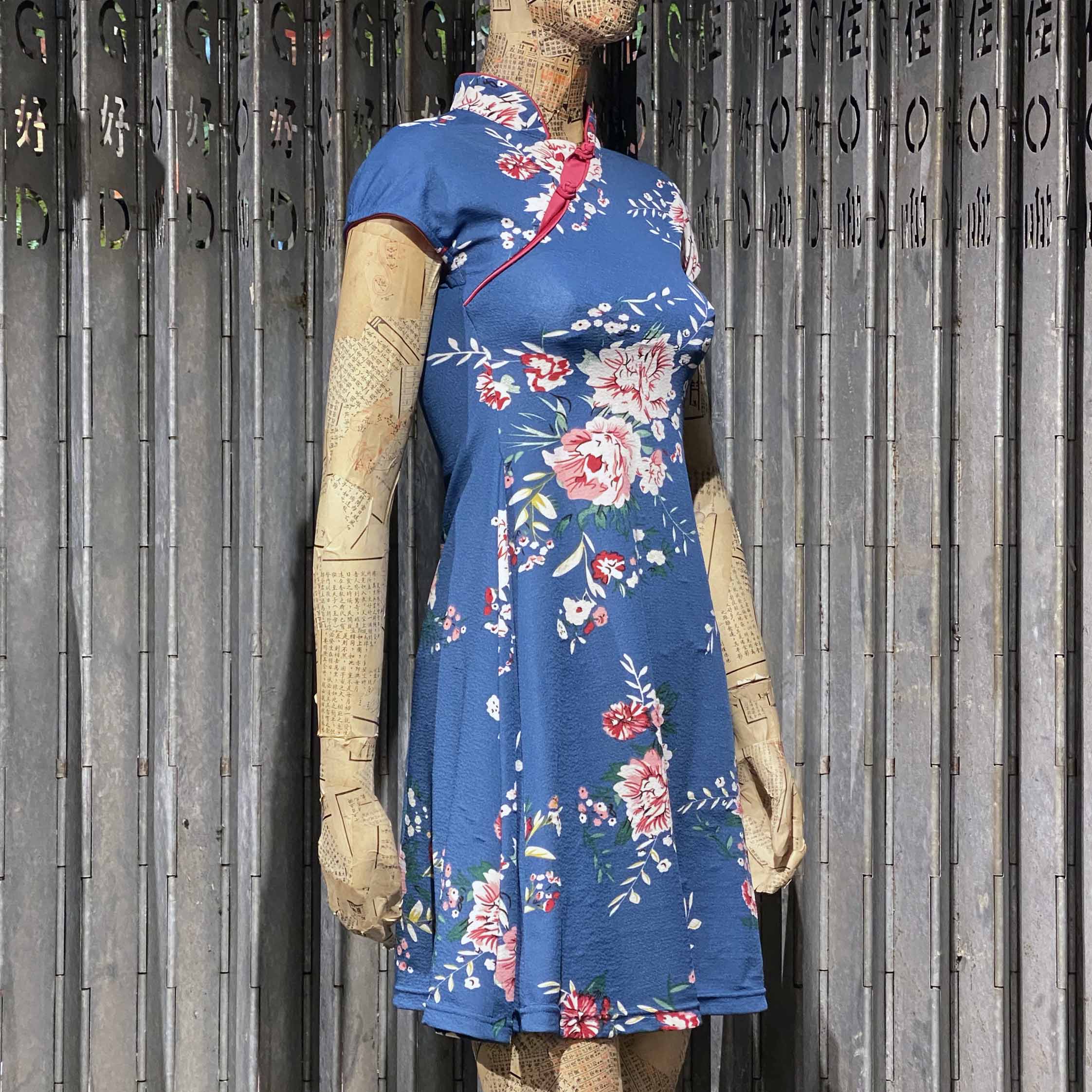 Retro Floral Print Qipao Dress, Stone Blue