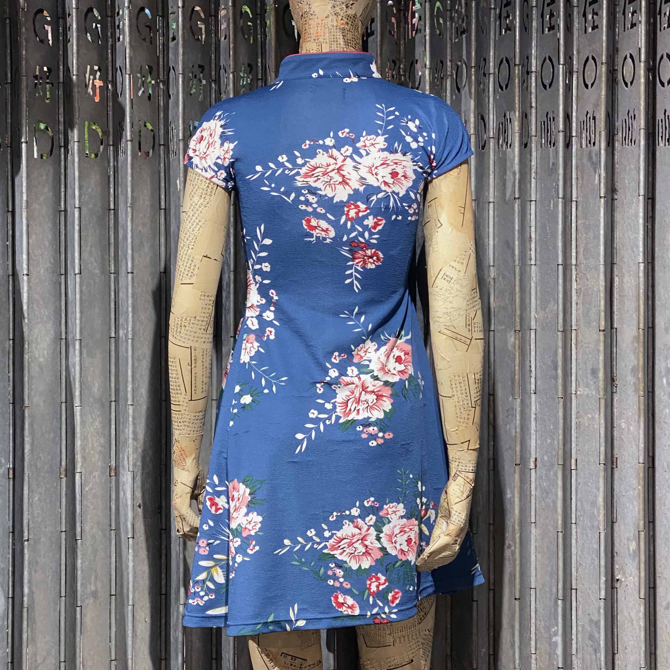 Retro Floral Print Qipao Dress, Stone Blue
