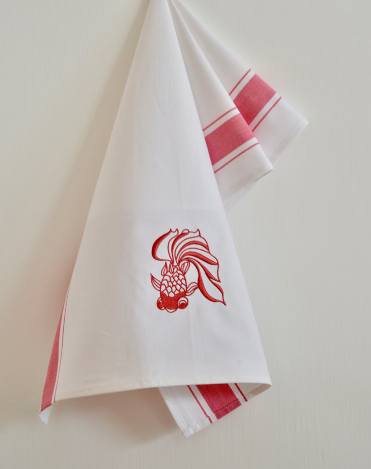Embroidered Goldfish Tea Towel by Zest of Asia, Red