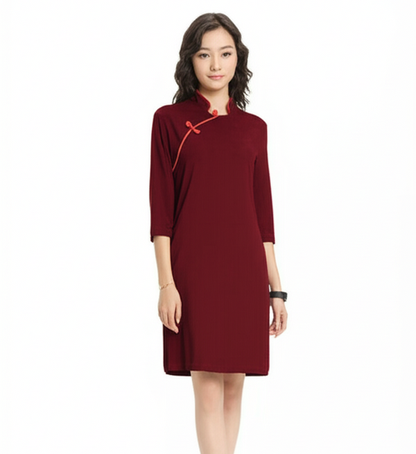 Viscose Half Sleeve Qipao Dress, Burgundy