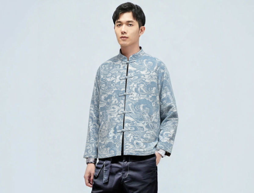 Washed Jacquard Denim Knot Button Jacket with 4 pockets