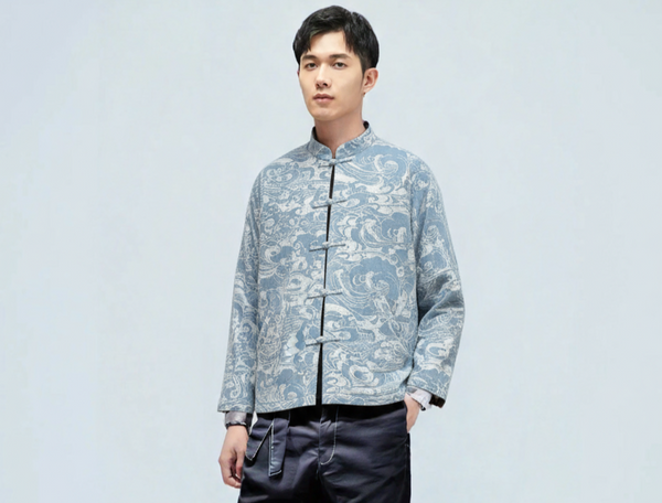 Washed Jacquard Denim Knot Button Jacket with 4 pockets