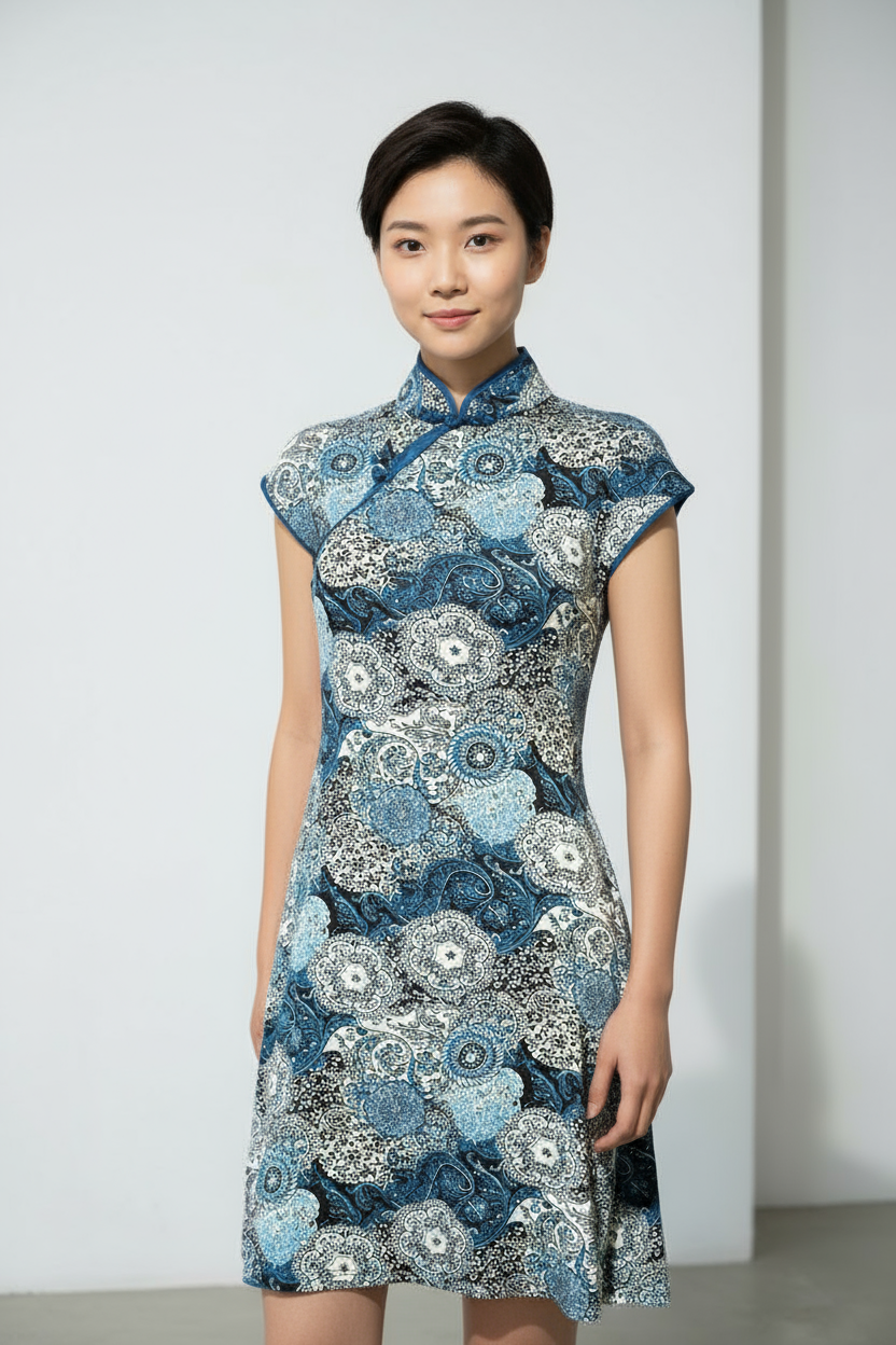 Blue Batik Floral Qipao Dress