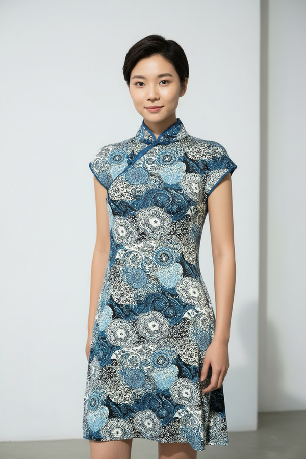 Blue Batik Floral Qipao Dress