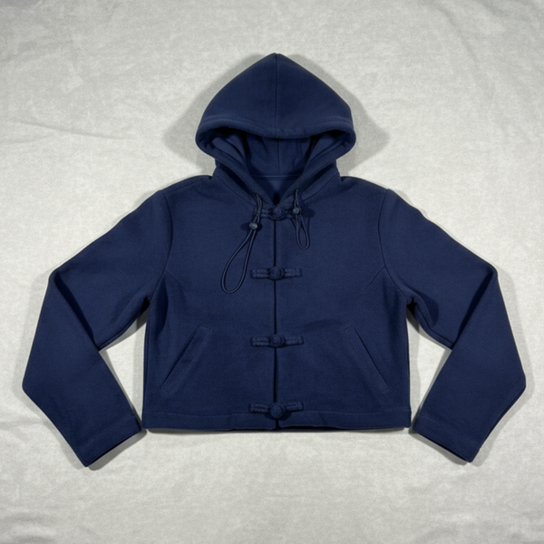 Woman Knot Button Cropped Hoodie, Navy