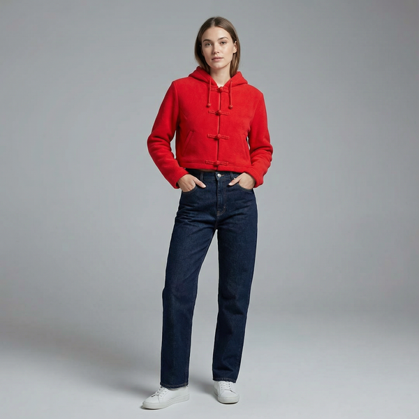 Woman Knot Button Cropped Hoodie, Red