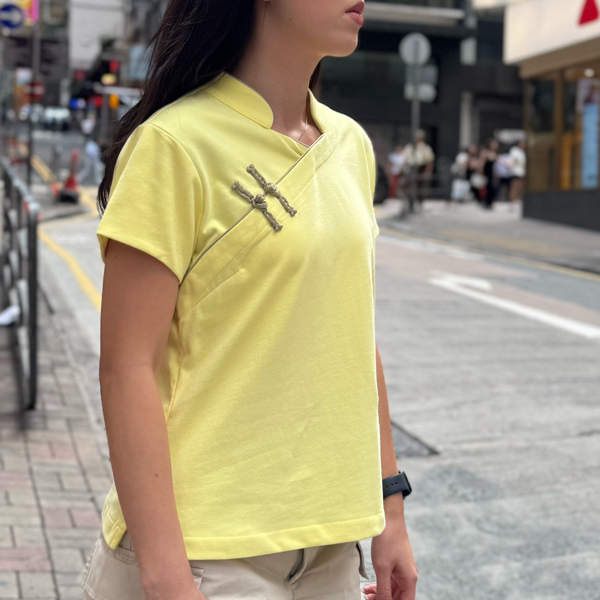 Cotton Qipolo Top with Jet Pocket, Yellow