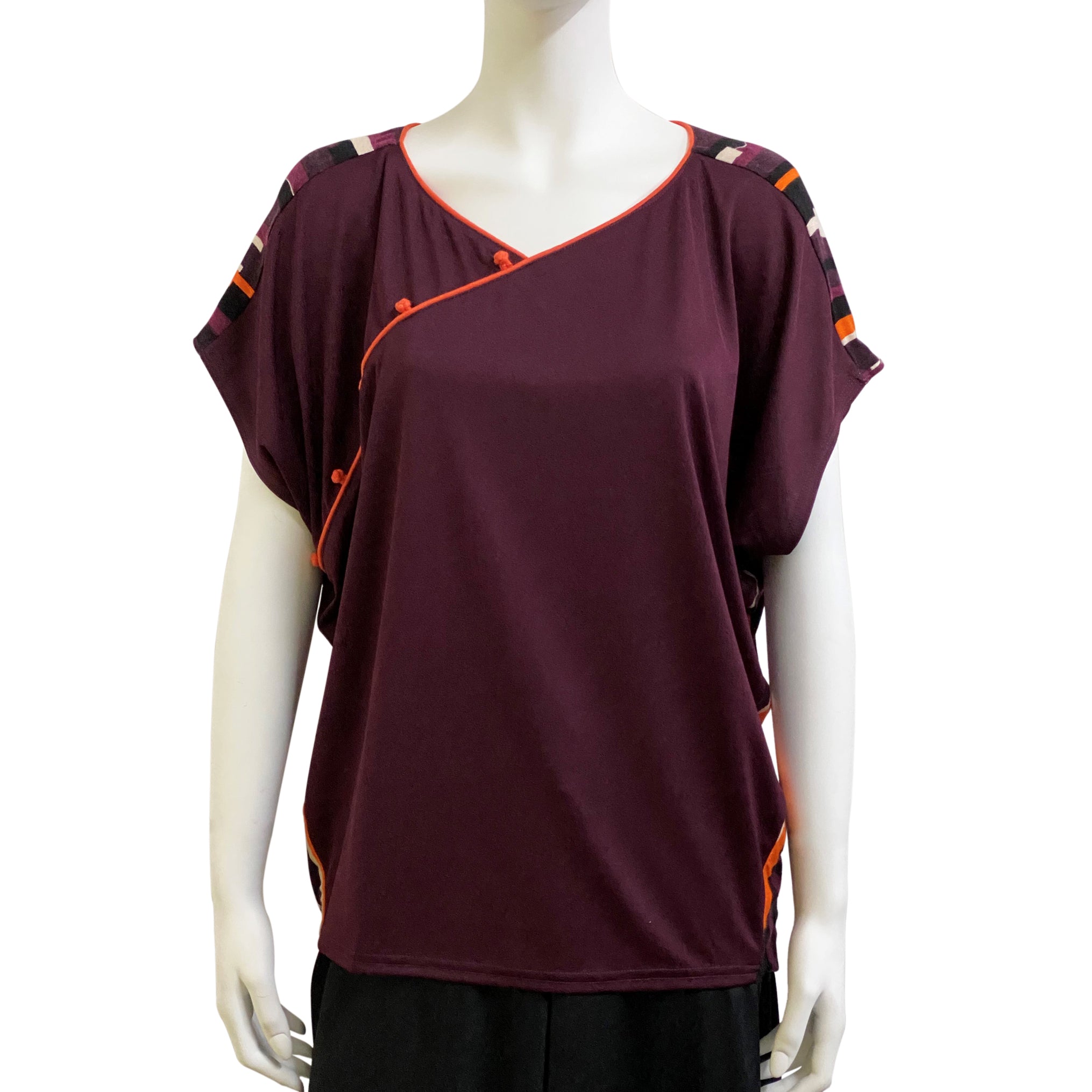 Wing Top with Contrast Buttons, Burgundy / Orange Block
