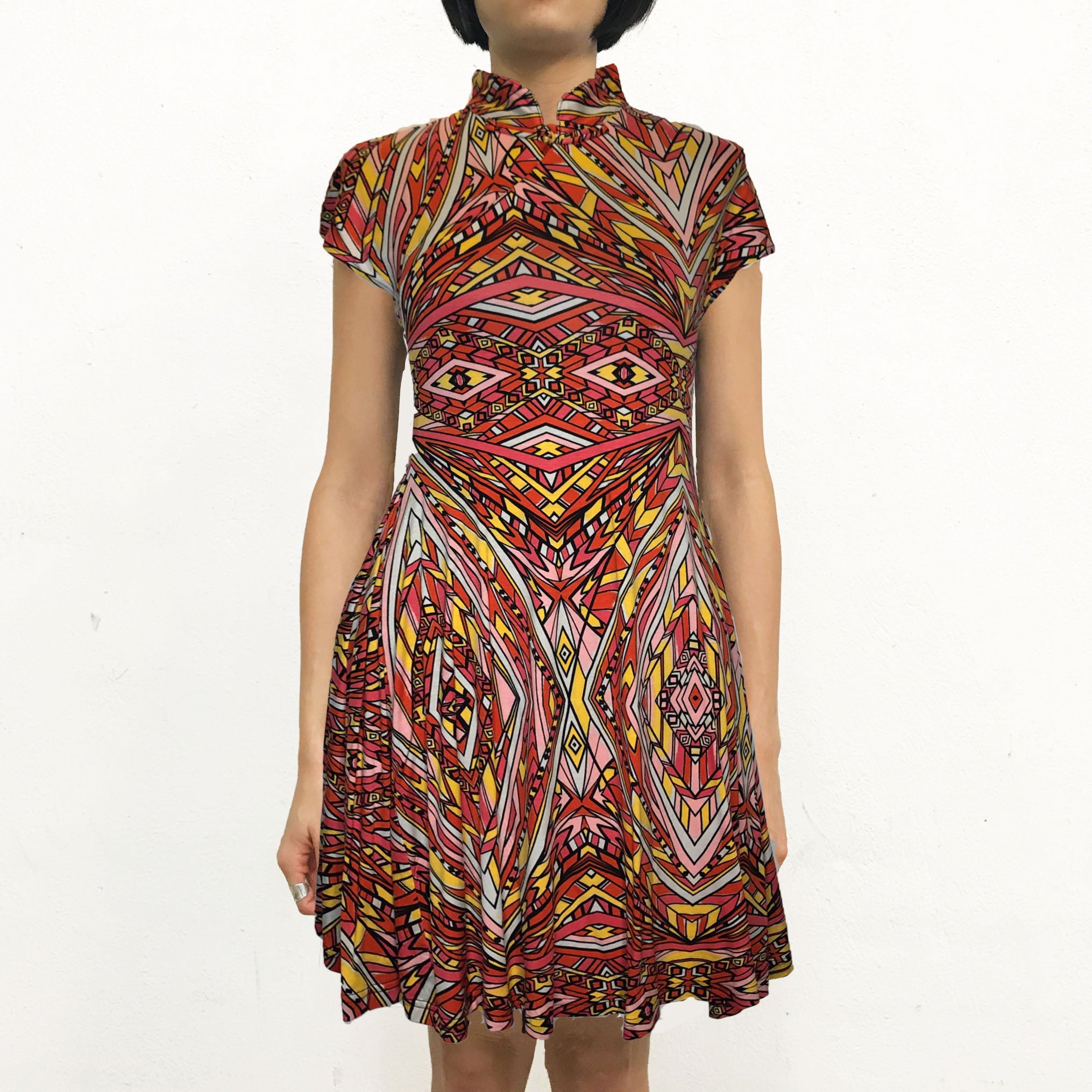 'Orange Ethnic' Printed Qipao Dress