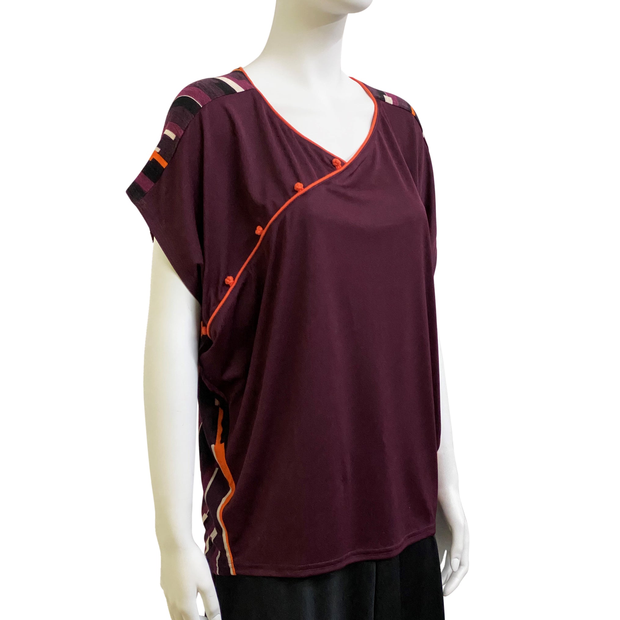 Wing Top with Contrast Buttons, Burgundy / Orange Block