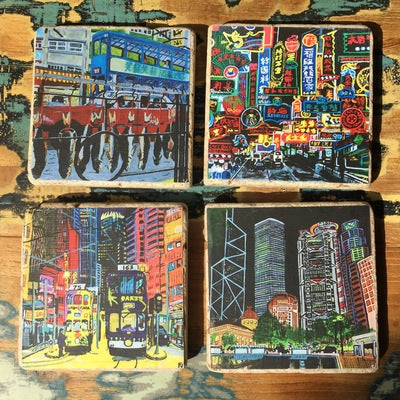 HK Print Ceramic Coaster Set With Holder By diFV-art