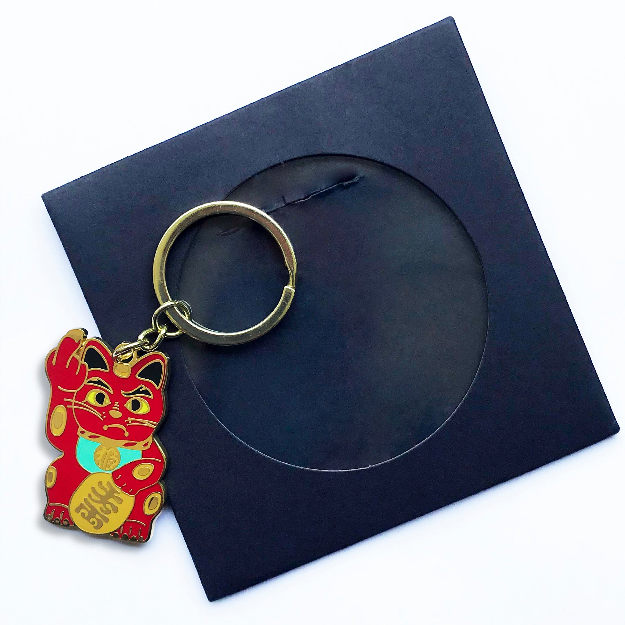 Angry Cat Keychain, Red/Mint Green