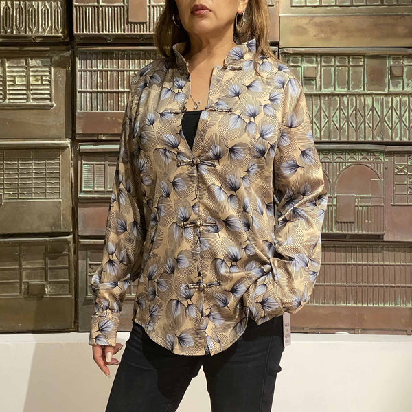 Satin Knot Button Dress Shirt, Gold & Navy Fan Palm Leaves