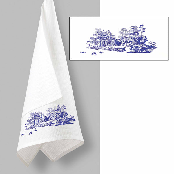 Willow Embroidered Tea Towel, Blue