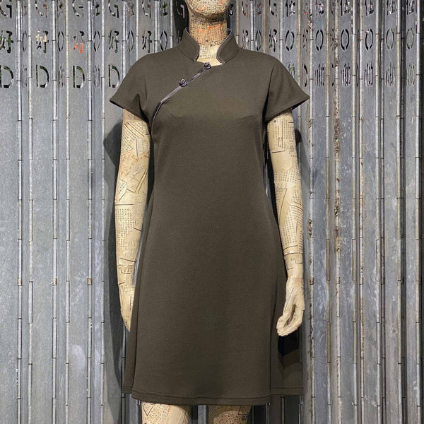 Army Green Heather Qipao with Olive Piping