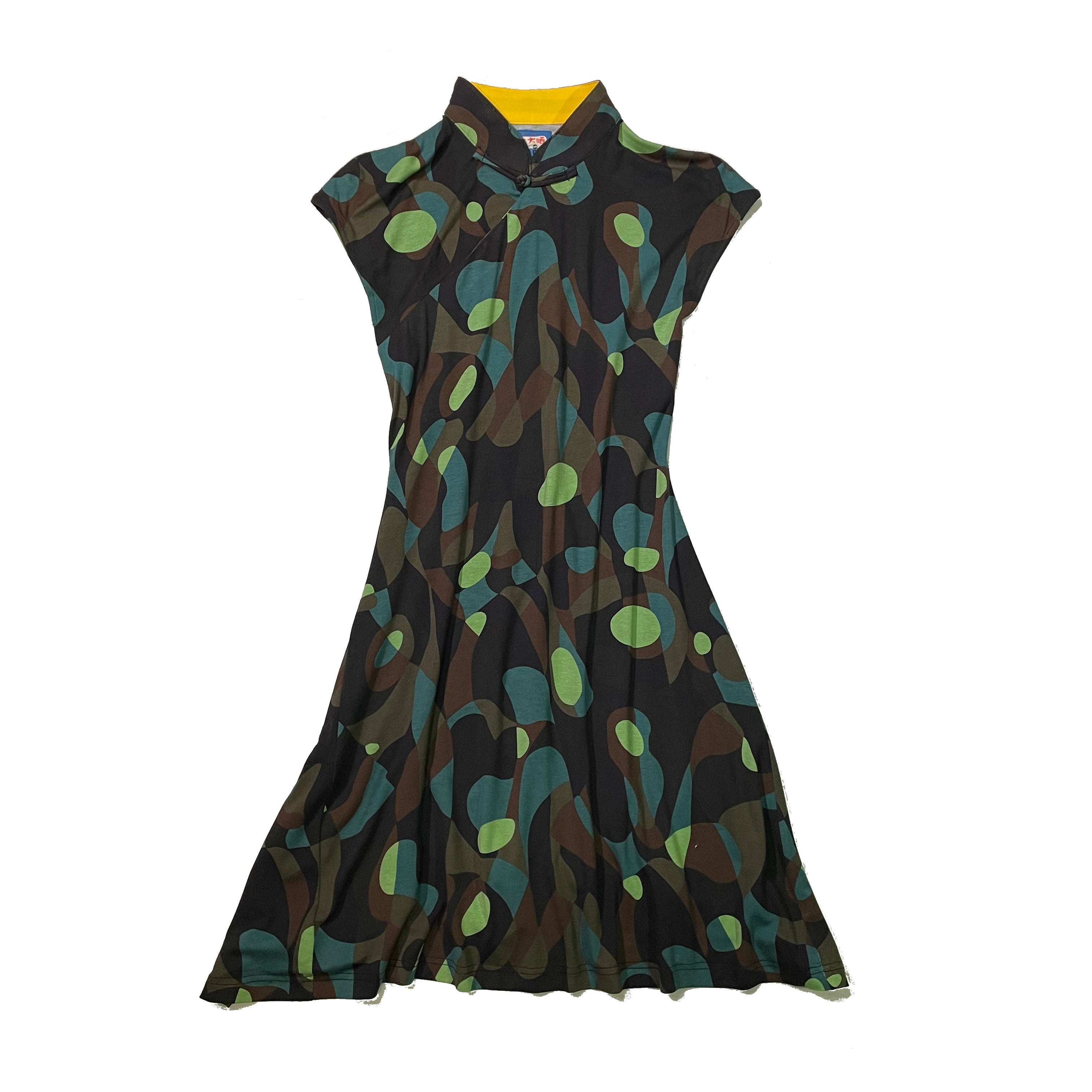 Printed Qipao Dress, Green Abstract
