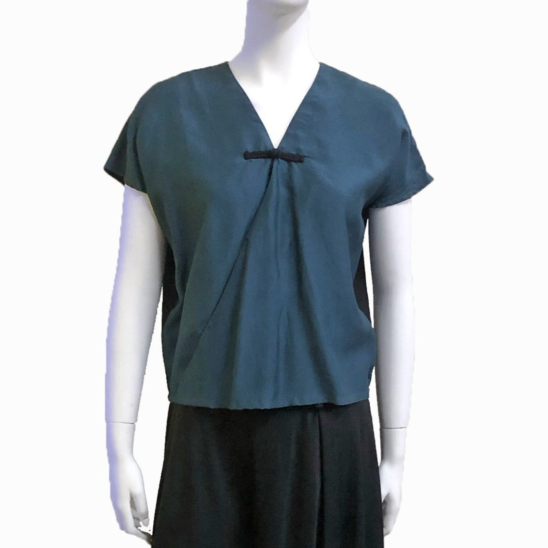 Silk Blend Crossover Top with Knot Button, Teal