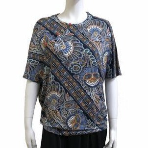 V-neck Top w/ Chinese buttons, Orange/Navy Feathers