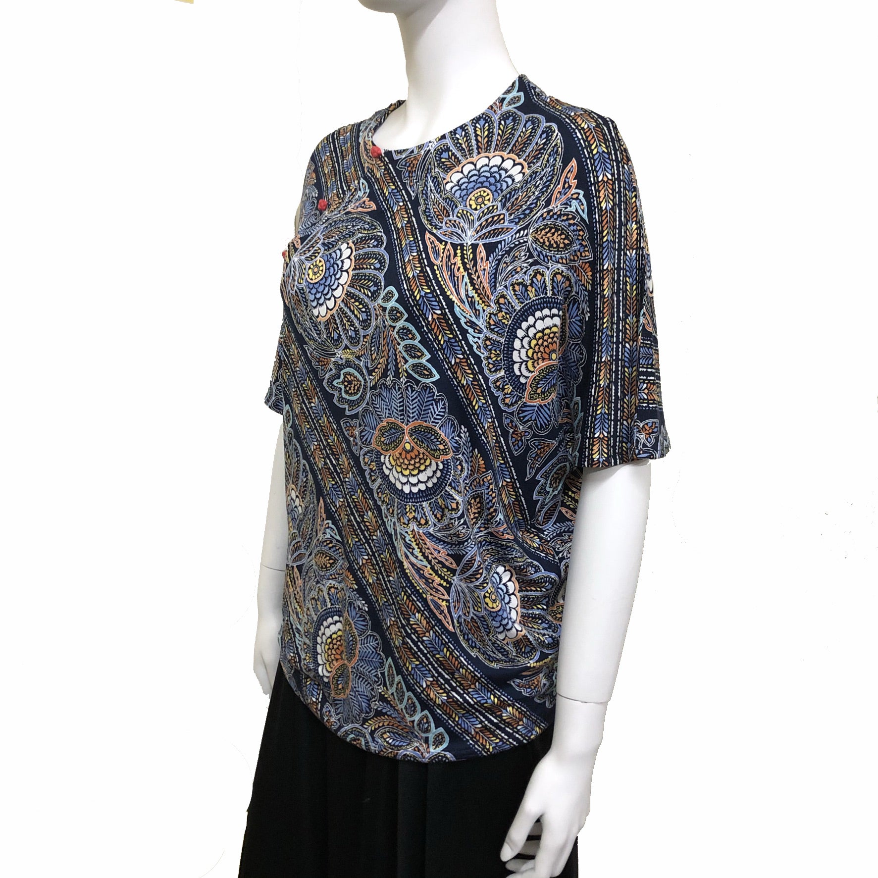 V-neck Top w/ Chinese buttons, Orange/Navy Feathers