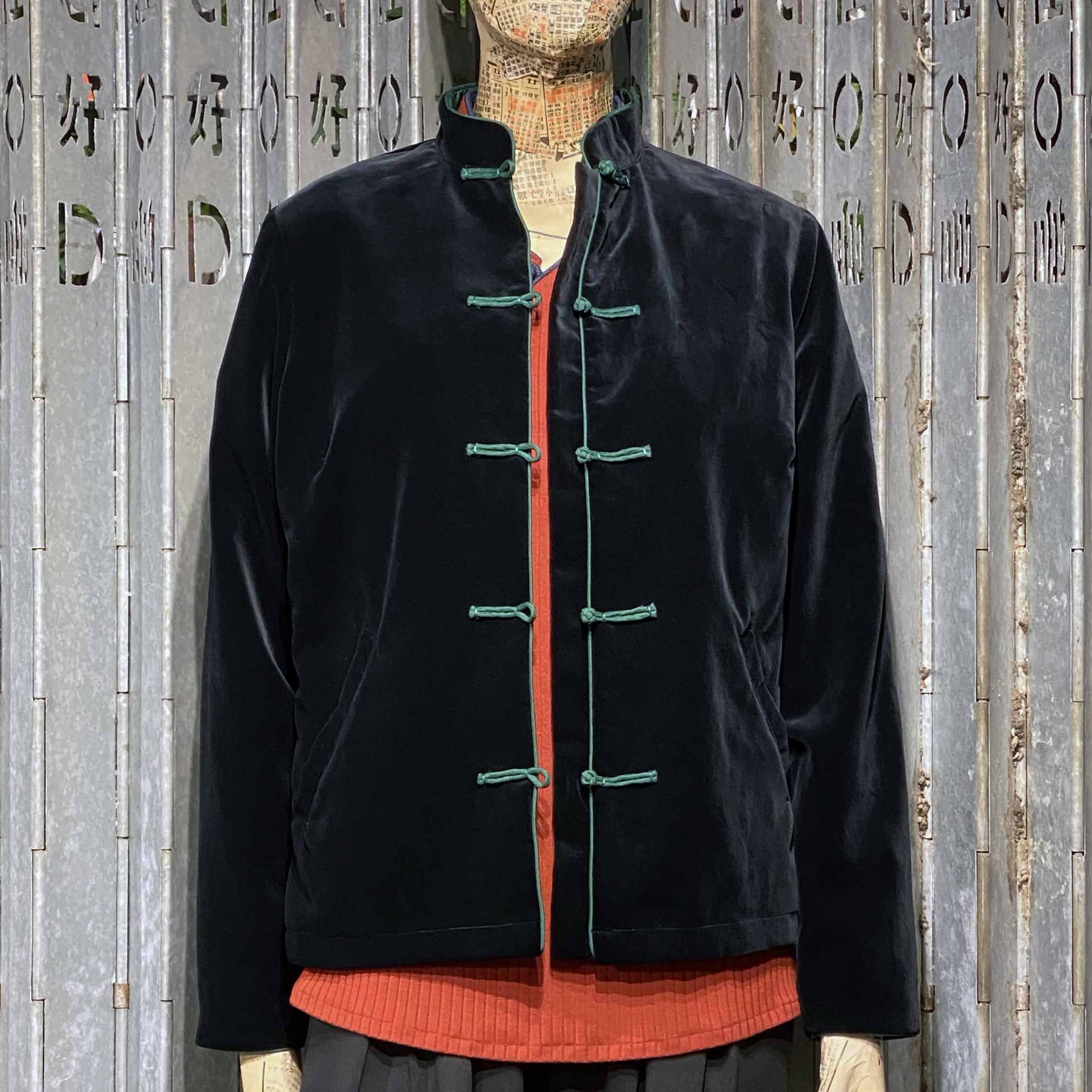 Velvet Knot Button Jacket, Black with Green