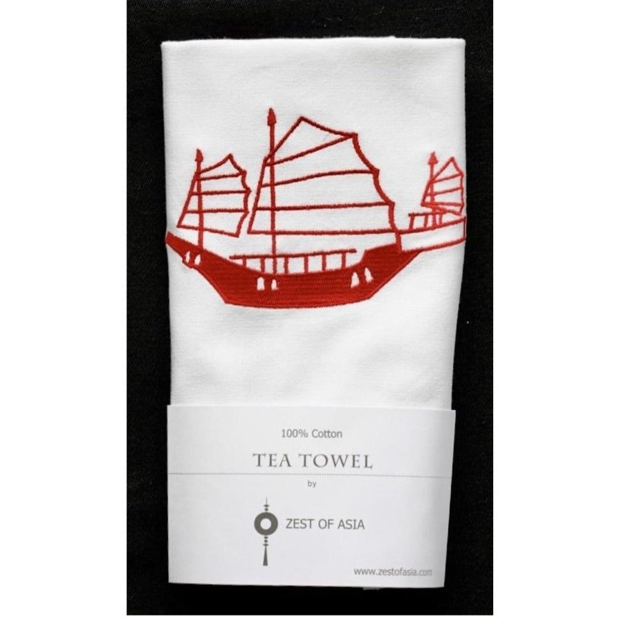 Embroidered Junk Tea Towel by Zest of Asia, Red