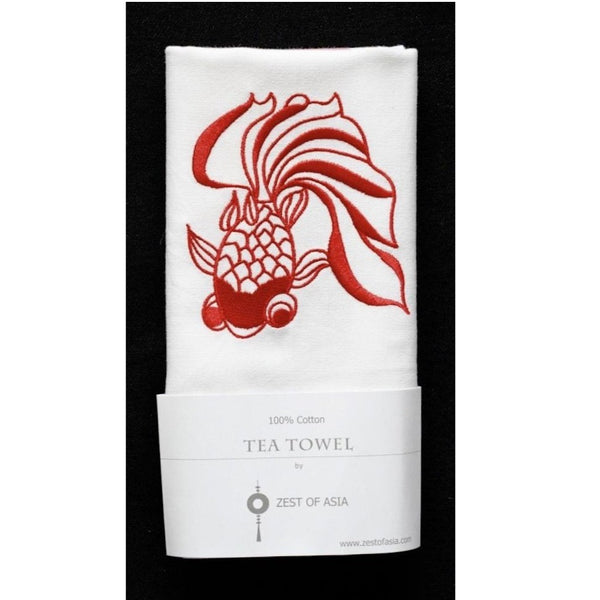 Embroidered Goldfish Tea Towel by Zest of Asia, Red