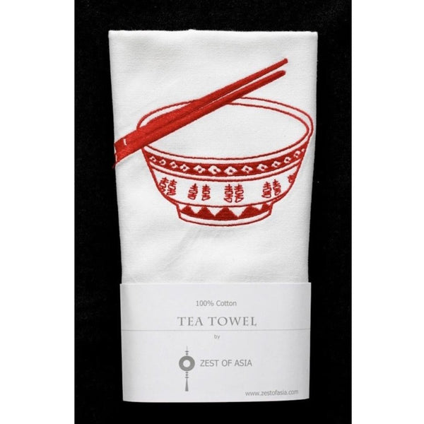 Embroidered Rice Bowl Tea Towel by Zest of Asia, Red