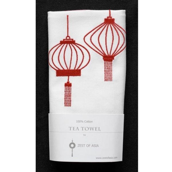 Embroidered Lanterns Tea Towel by Zest of Asia, Red