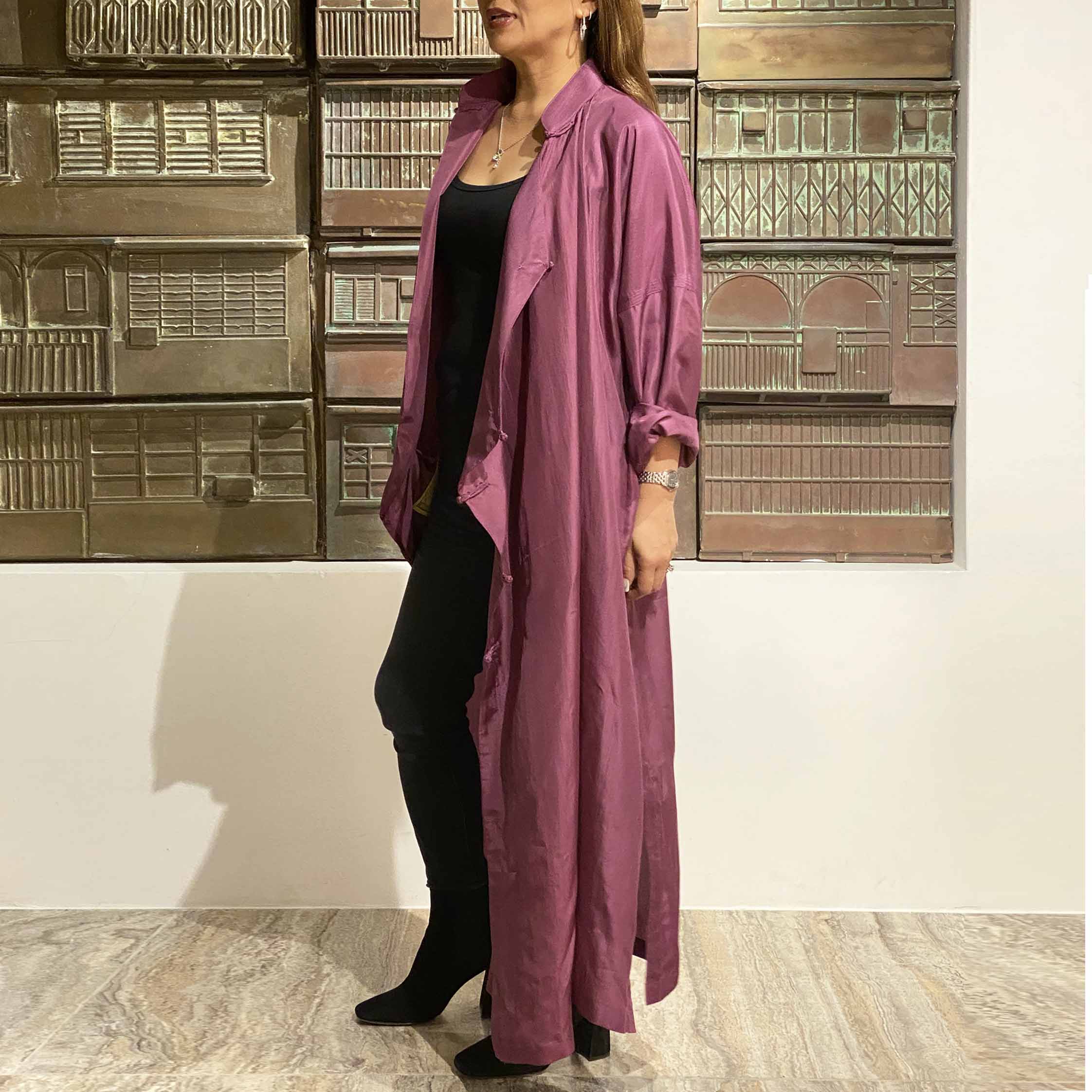 Gender Free Asymmetric Silk Long CheongSam With Five Lines, Plum