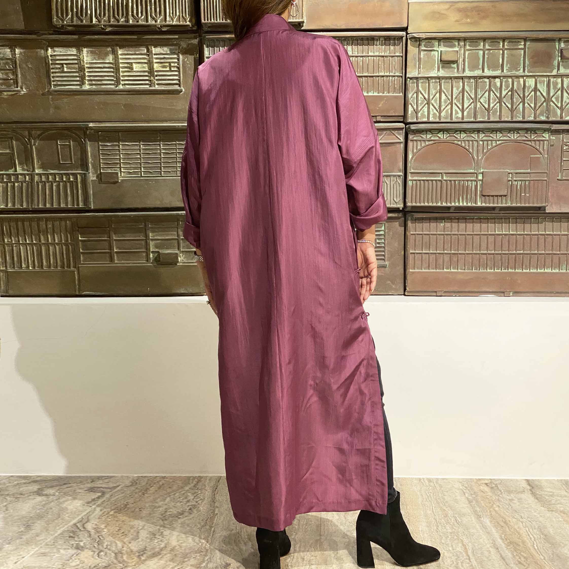 Gender Free Asymmetric Silk Long CheongSam With Five Lines, Plum