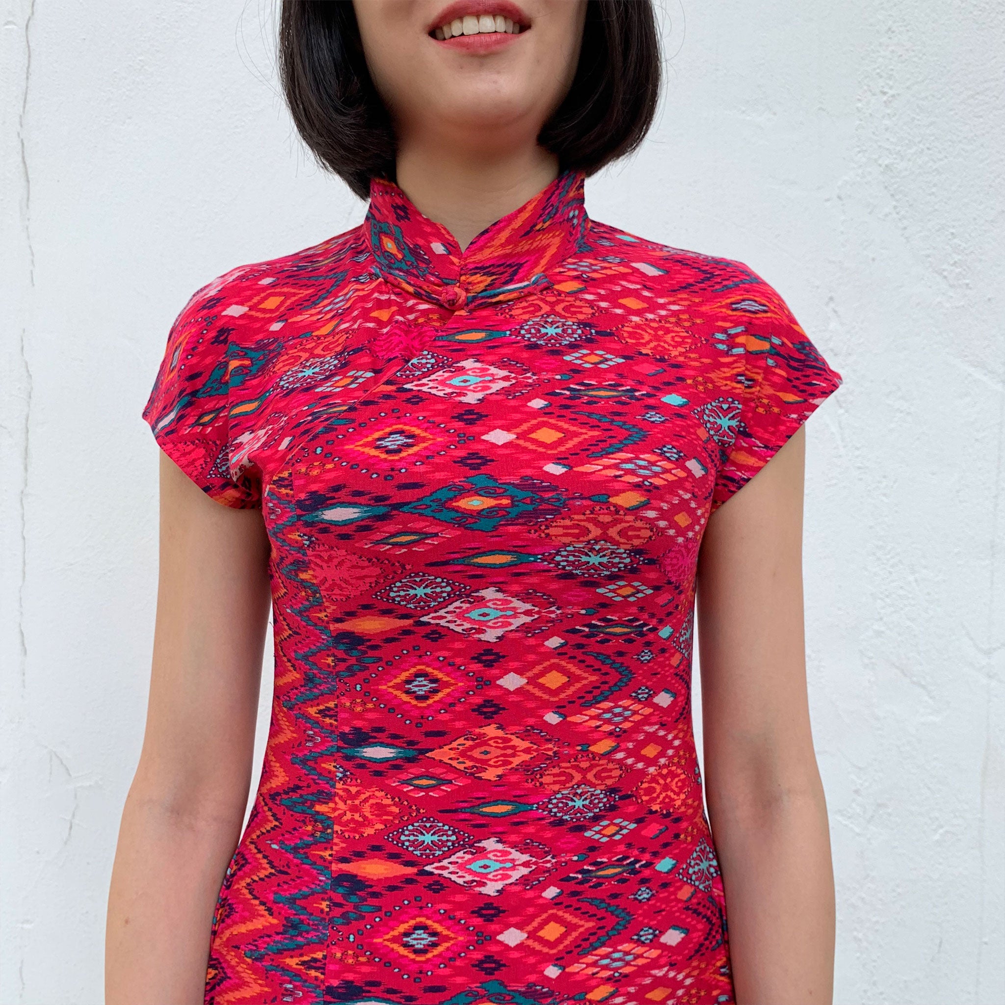 Maroon Aztec Print Qipao Dress
