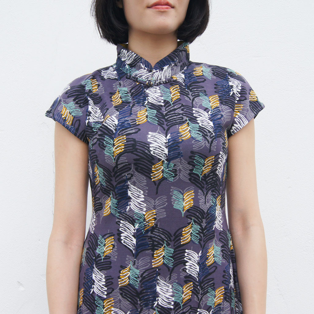 'Grey Multi-Leaves' Printed Qipao Dress
